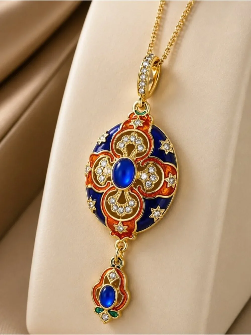 Gold-Tone Blue and Orange Enamel Pendant Necklace
